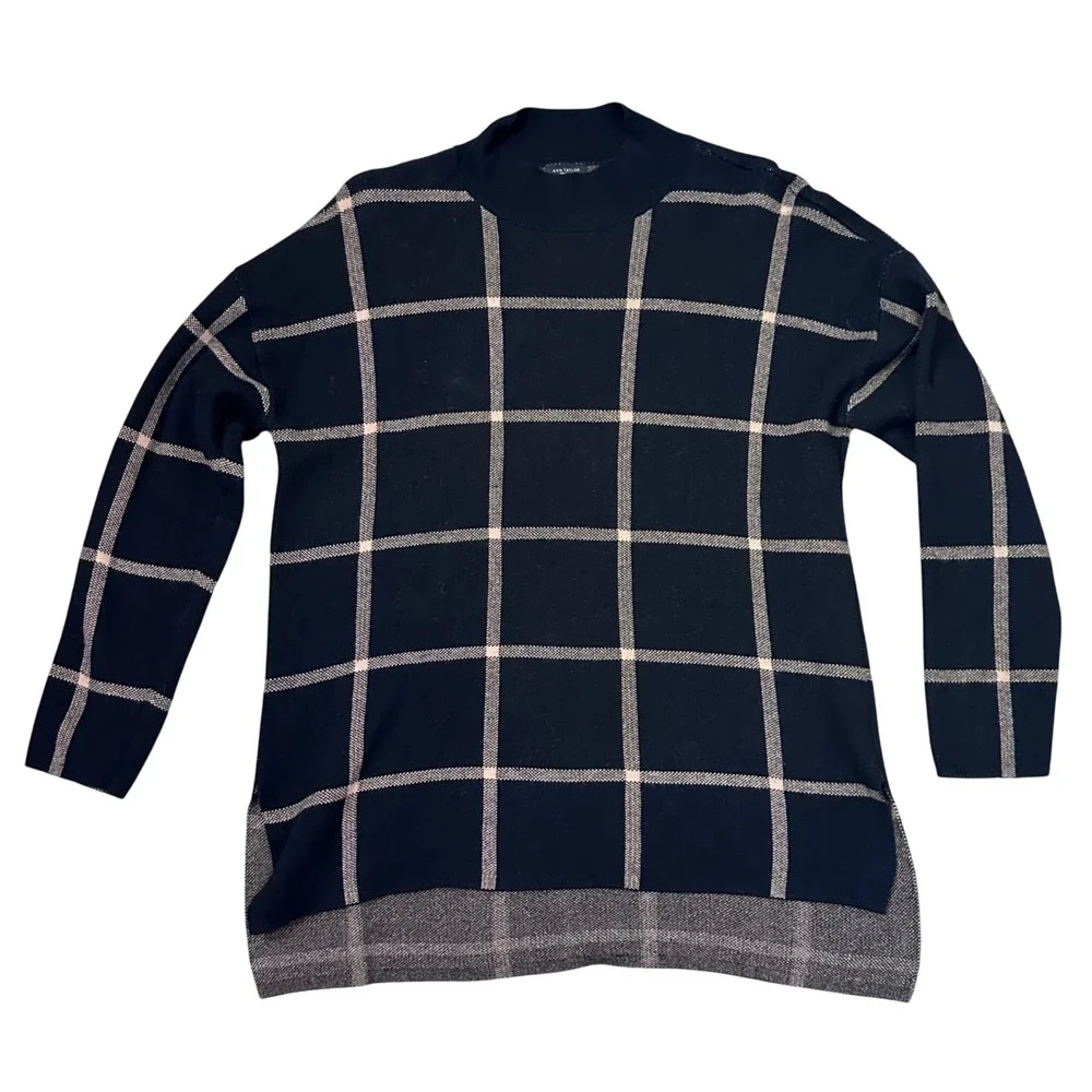 Ann Taylor Black & Tan Plaid XL Mock Neck Cotton Blend Long Sleeve Tunic Sweater